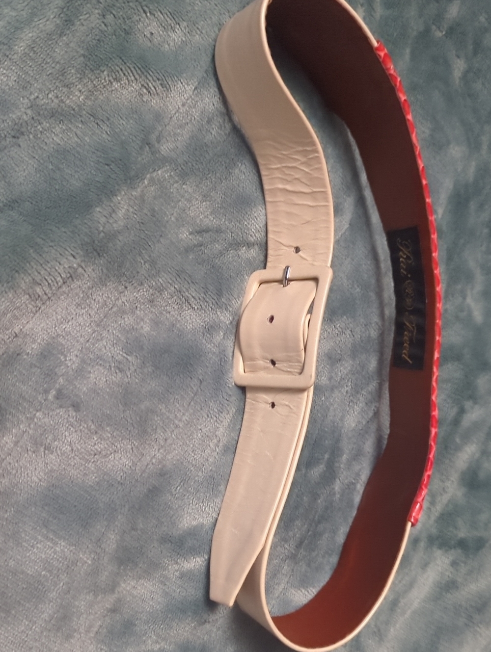 69-Cream Leather Belt with Red Braided Edge. Small size. Pre-loved